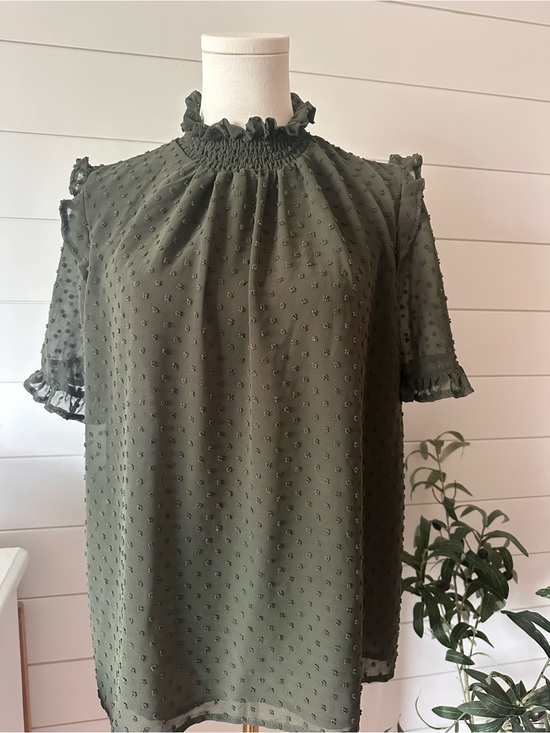 Luca + Grae Tops - Ruffled Collar Olive Green Swiss Dot Blouse